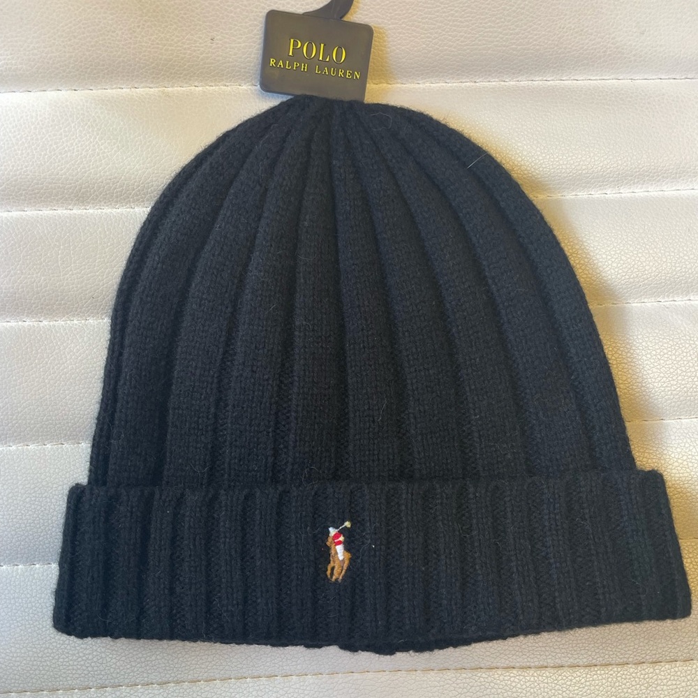 Polo Ralph Lauren Wool Blend Black Knit Beanie Hat Men’s Cuffed Cap Pony NWT